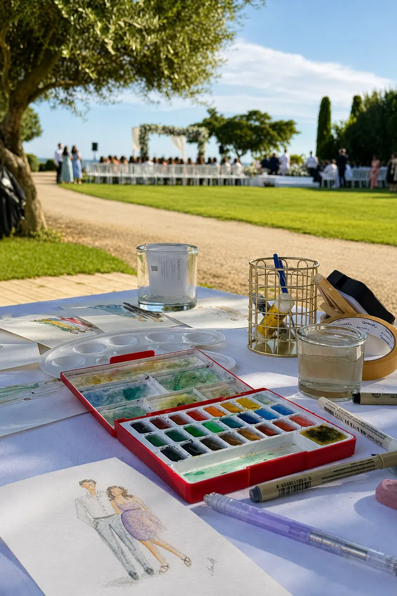 Table d'aquarelle installée en plein air pendant une cérémonie de mariage en bord de mer