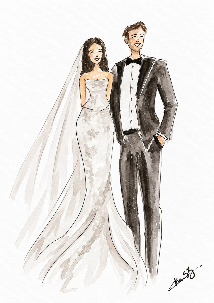 Illustration de mariage : portrait aquarelle des mariés, robe en dentelle et smoking