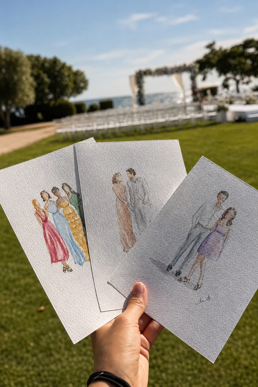 Trois illustrations live tenues en main devant l'arche d'une cérémonie de mariage face à la mer