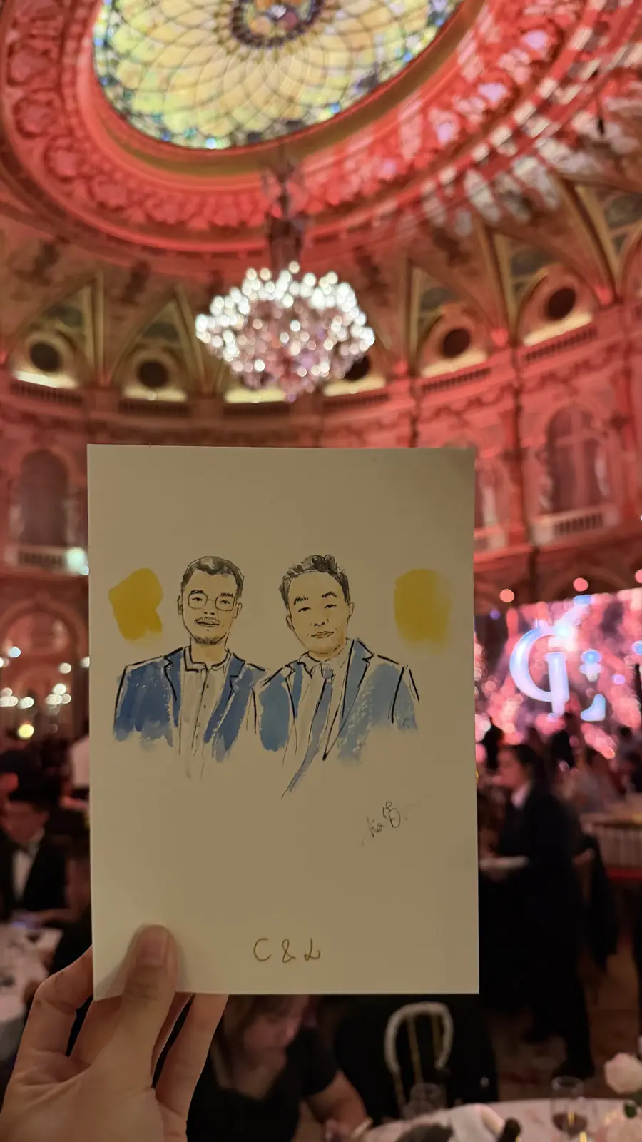 Duo watercolour portrait beneath the dome of the grand reception hall
