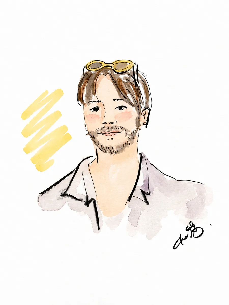 Portrait aquarelle d'un homme, lunettes de soleil sur la tête