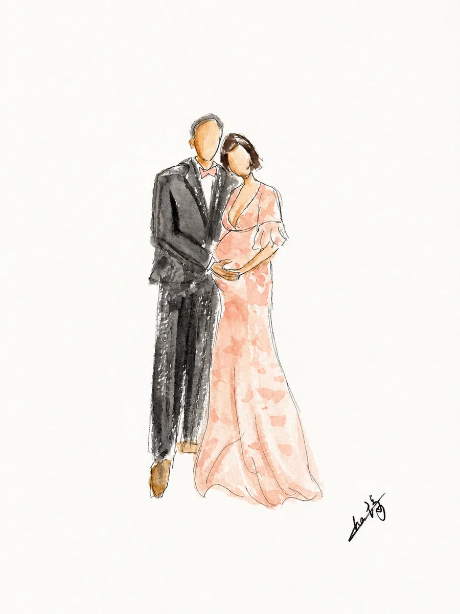 Silhouette aquarelle d'un couple, robe longue rose et smoking