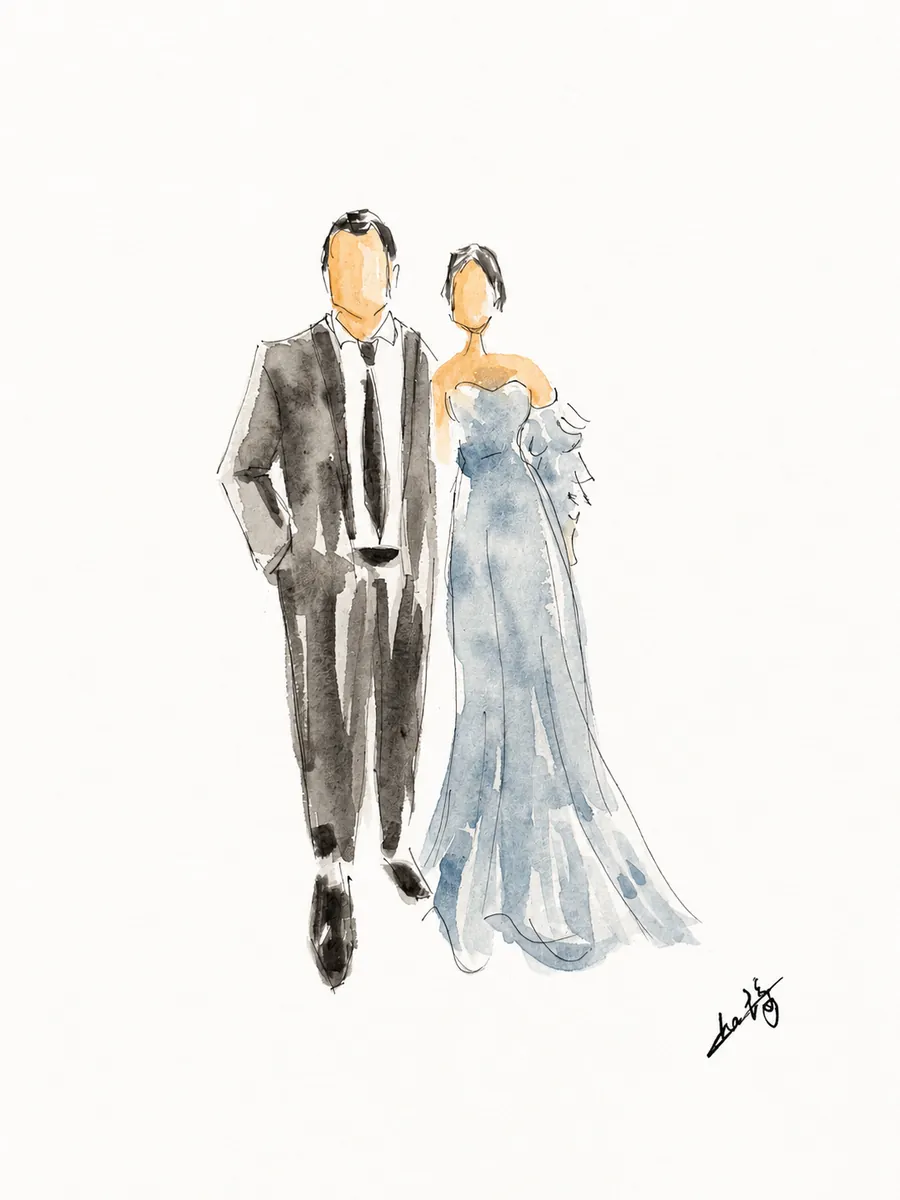 Silhouette de mode d'un couple en tenue de gala, robe bleue et costume sombre