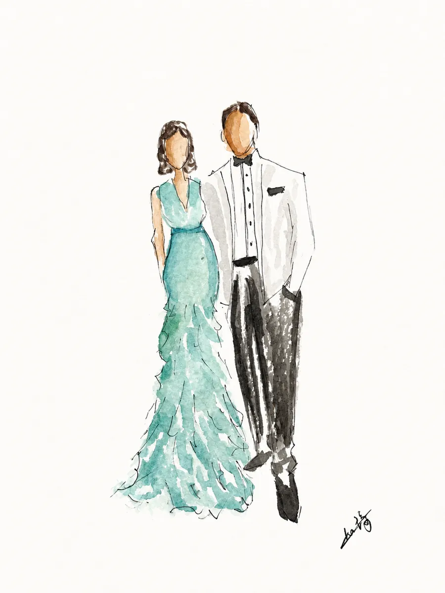 Silhouette de mode d'un couple en soirée : robe turquoise à volants et smoking blanc