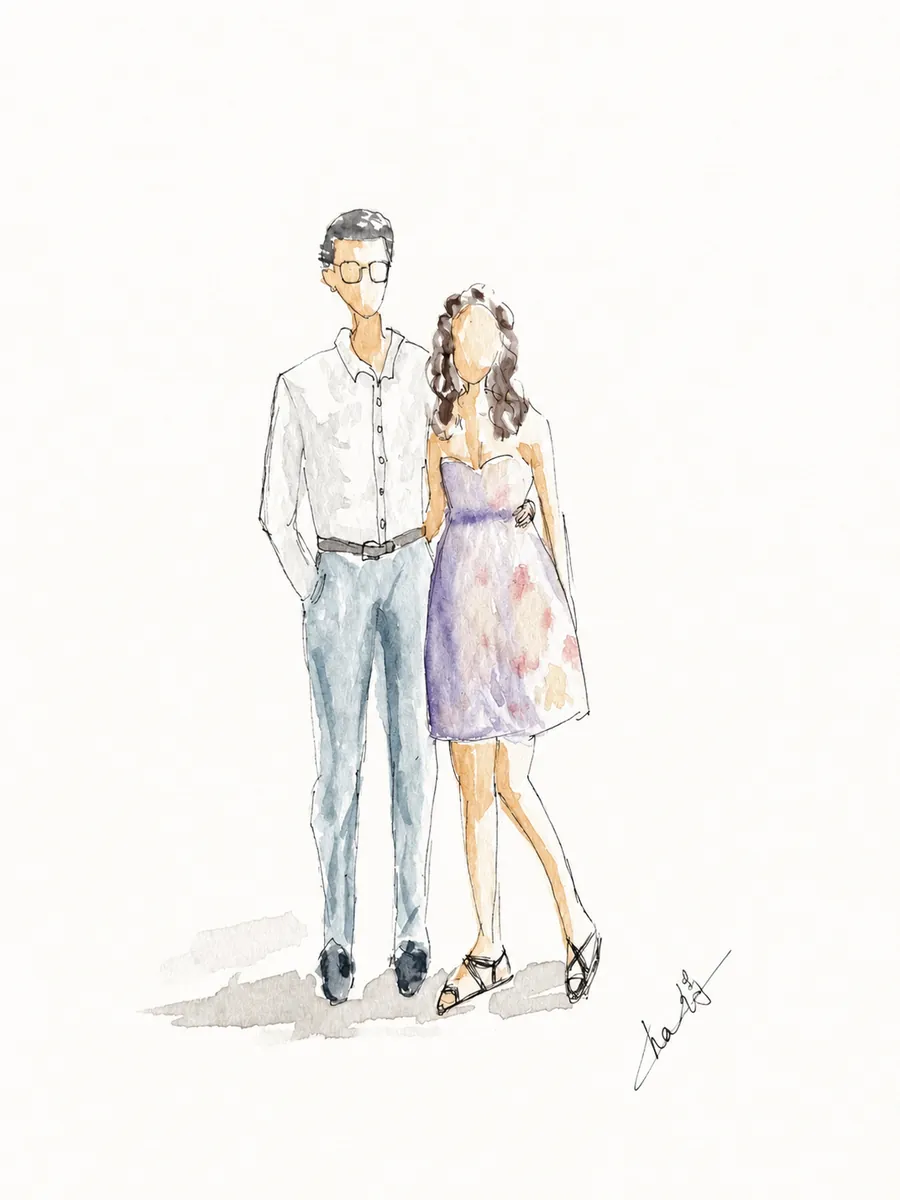 Silhouette aquarelle d'un couple, robe bustier fleurie