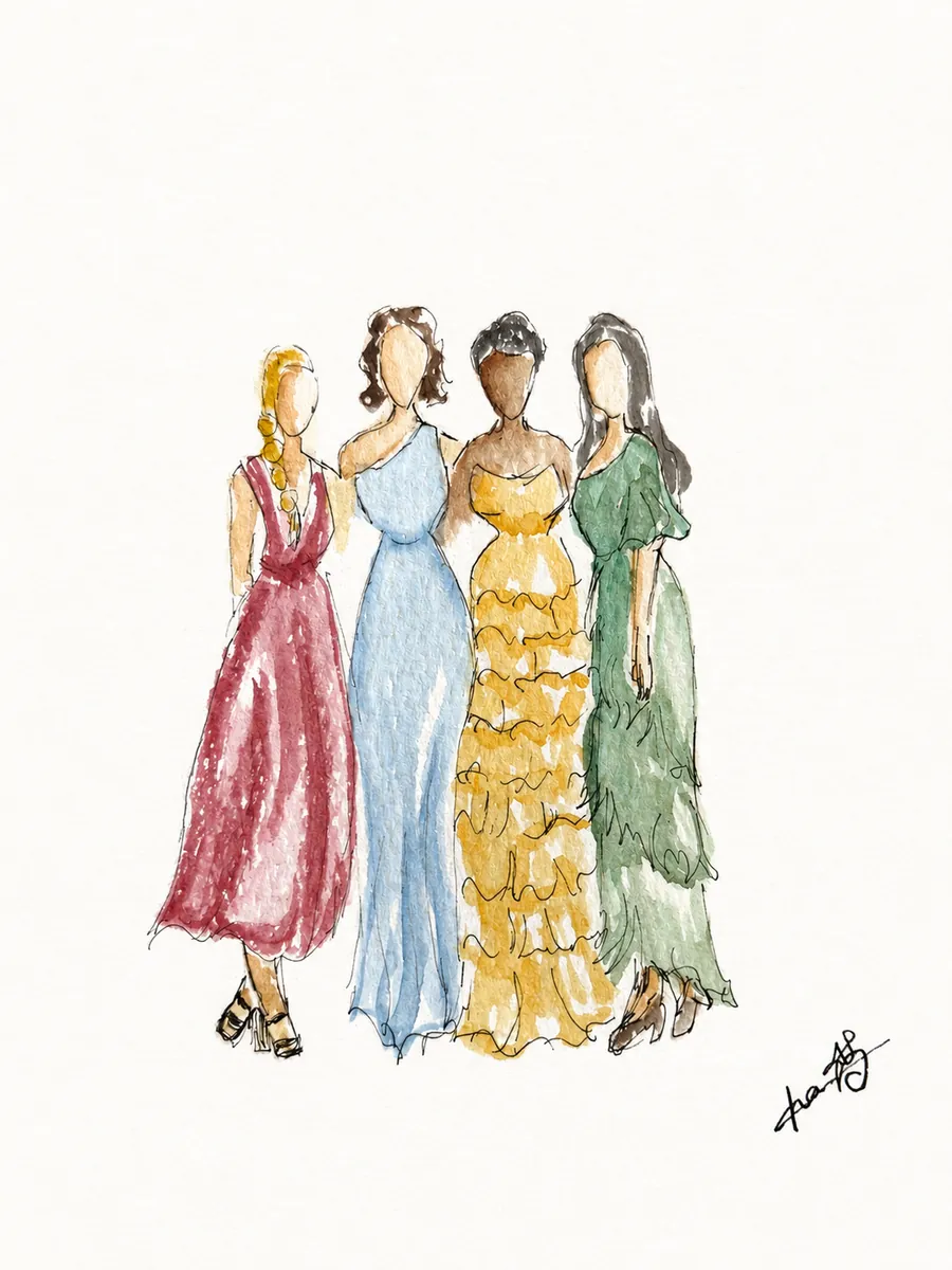 Silhouettes de mode de quatre invitées en robes de soirée colorées